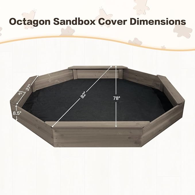 Wooden Octagonal Sandbox with Cover, Outdoor Sandpit with 4 Bench Seats, Sand Box for Children, Beach for Backyard, Patio, Garden (Coffee)