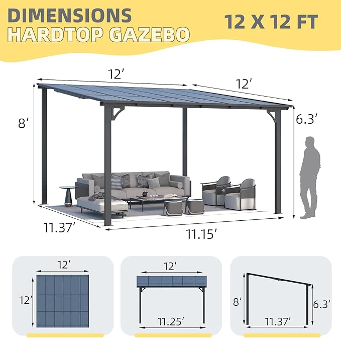 U-MAX Outdoor Pergola 12' x 12' Gazebo, Large Wall-Mounted Lean to Metal Awnings for Patio, Large Panel Roof Gazebos on Clearance for Outdoor Use