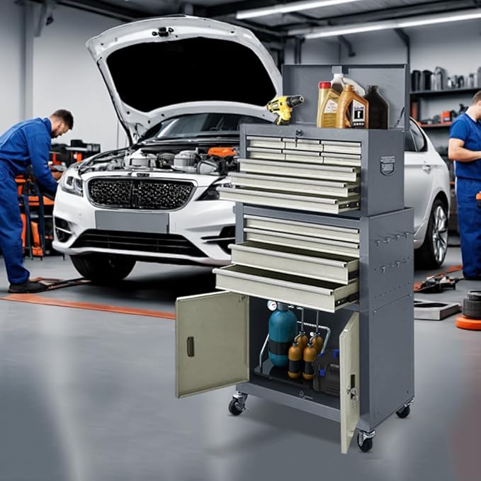 13-Drawer Rolling Tool Chest with Double Door Handle, 2 in 1 Detachable Tool Chest, Large Tool Storage with Wheels, Lockable Tool Cabinet for Garage, Barbershop-Gray