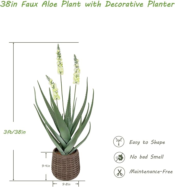 3ft UV Resistant Artificial Aloe Vera Plant in Brown Woven Planter,38" Faux Aloe Plant with Realistic Leaves and Flowers for Front Porch Patio Living Room Pool Indoor & Outdoor Decor