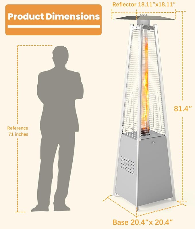 FOOWIN Propane Patio Heater, 48,000 BTU Outdoor Patio Heater with Wheels/Waterproof Cover & Gloves,Quartz Glass Tube Pyramid Outdoor Heater for Party,Backyard, Garden Silver Grey