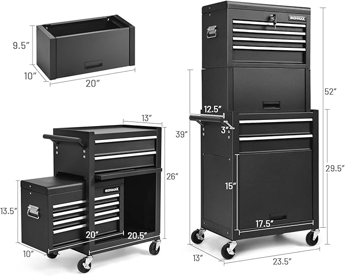 ERGOMASTER Rolling Tool Chest - Removable Top Box Large Bottom Cabinet with Casters and Lock System Tool-Box - Heighten 6-Drawer Black