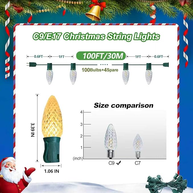 C9 Christmas String Lights, 100 Feet Waterproof Connectable Green Wire Fairy Lights, Christmas Lights for Indoor Outdoor Home Yard Roof Xmas Tree House Decorations, 100+4 Bulbs, Warm White