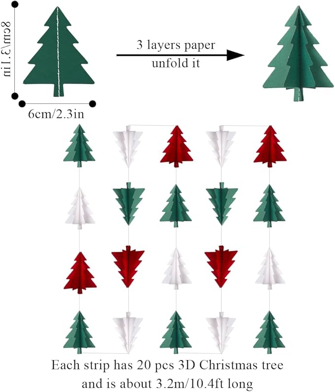 Red White Green Party Christmas-Decorations - 17pcs Tissue Paper Flowers Pom Poms Lanterns Birthday Banner 3D Christmas Tree Garland for Home Indoor Outdoor Hanging Decor