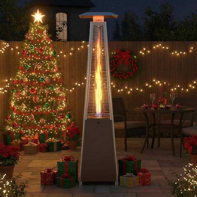Sundale Pyramid Patio Heater, 48,000 BTU Propane Outdoor Heater with Wheels and Tip-Over Protection, Thickened Glass Tube Patio Heaters for Outdoor Use, Commercial & Residential (Brown)