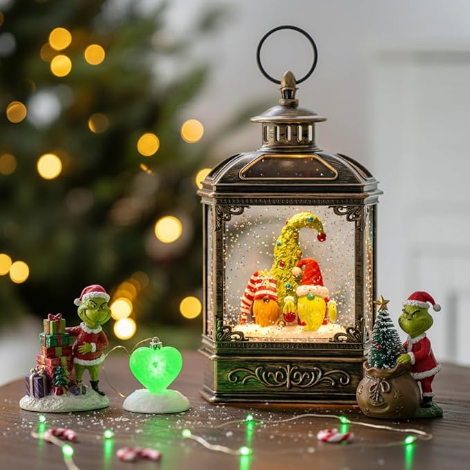 Christmas Snow Globe Lantern Water Glittering Gnomes Scandinavian Santa Elf with Whimsical Christmas Tree, Lighted Lantern for Christmas Festival Decoration Gifts