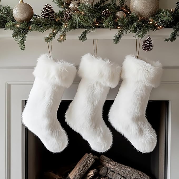 AOGU 3 Pack 18 Inch Snowy White Christmas Stockings Faux Fur Xmas Christmas Stockings Hanging Ornaments Candy Gift Bags for Christmas Decorations