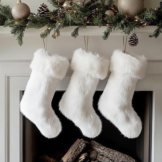 AOGU 3 Pack 18 Inch Snowy White Christmas Stockings Faux Fur Xmas Christmas Stockings Hanging Ornaments Candy Gift Bags for Christmas Decorations