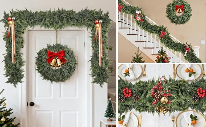 9 FT Christmas Cedar Garlands, Artificial Realistic Winter Cedar Pine Garland, Real Touch Greenery Garland for Fireplace,Table, Mantle, Wall, Indoor, Outdoor Home Party Decorations (1, 9FT)