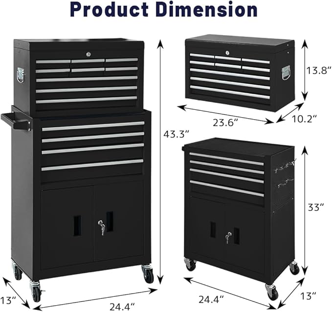 13-Drawer Rolling Tool Chest with Double Doors, 2 in 1 Detachable Rolling Tool Chest with Drawers, Mobile Tool Cabinet Combo, Metal Large Lockable Tool Box for Garage Workshop (Black)