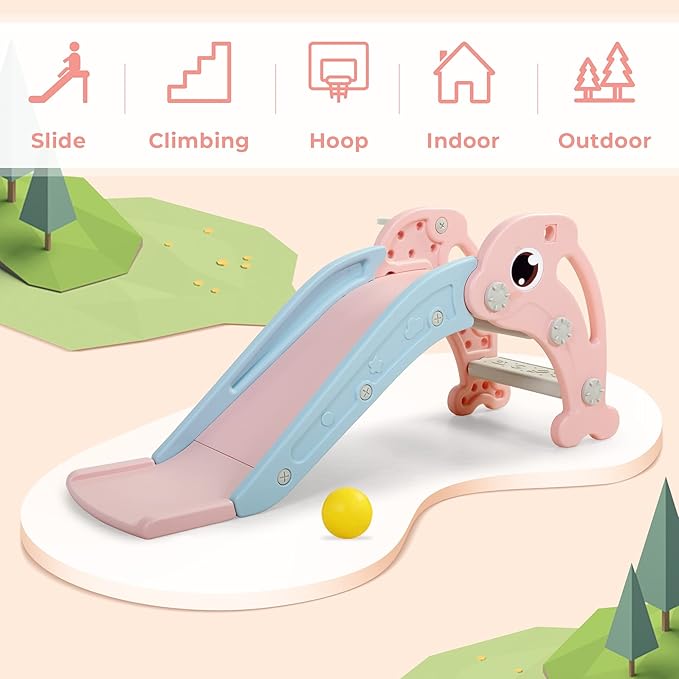 3 in 1 Toddler Slide, Baby Slide Climber Playset with Basketball Hoop and Ball, Indoor and Outdoor Playground for Kids