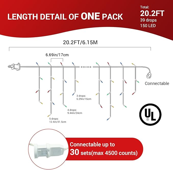New One Icicle Lights Outdoor 3 Pack, 20.2 FT 150 LEDs Multicolor Icicle Christmas Lights with White Wire, Connectable Icicle String Lights with 39 Drops, Holiday Wedding Party Led Icicle Lights