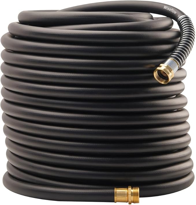 WiseFlow Garden Hose 150FT x 5/8, Heavy Duty Rubber Hose, Water Hose with Five Layered Braiding, Male Female Fittings, 1000PSI Burst, 300PSI Working (Black)