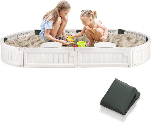 Costzon Kids Sandbox with Cover, Detachable Built-in Seating, Bottom Liner, Weather Resistant Outdoor Sandbox Kit, Child Outdoor Sand Pit for Backyard Lawn Garden Beach (Elliptical, White)