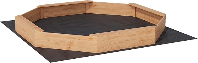 Octagonal Cedar Kids Sandbox with Bench Seats, Protective Cover & Liner ? Outdoor Wooden Sandpit for Backyard Play