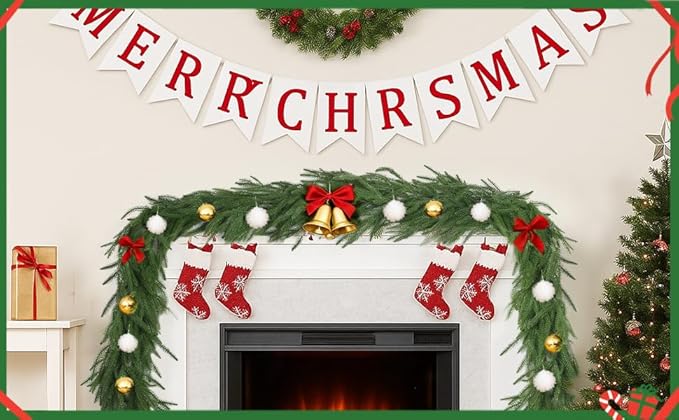 9FT Christmas Norfolk Pine Garland, Artificial Pine Needles Winter Garlands Faux Greenery Fake Garland for Holiday Fireplace,Table, Window, Stairs, Mante, Indoor Outdoor Decor (2 Pack, 9 FT)