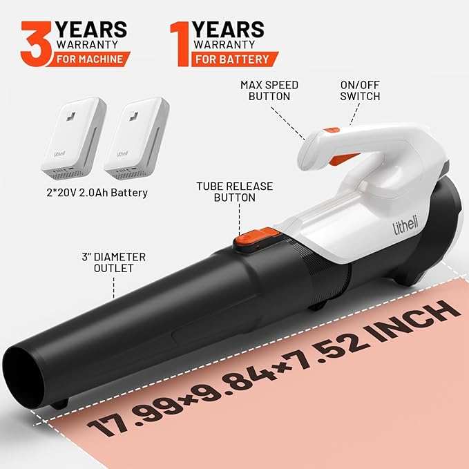 Litheli Cordless Leaf Blower with 2 Batteries (Works as Portable Power Bank), Ultra-Lightweight Electric Blower for Driveways, Patios & Decks, 2-Speed 350CFM for Dry Leaves, Dust & Car Drying