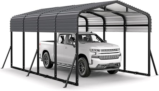 12x20FT Metal Carport, Heavy Duty Car Garage w/Reinforced Support Rods and Windproof Ground Anchors, All-Weather Multi-Use Outdoor Shelter for Car, Boats and Truck