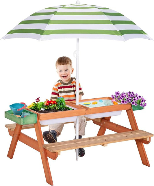 Kids Picnic Table, Outdoor Wooden Table w/Adjustable Umbrella & Garden Bed, 4-in-1 Sand & Water Activity Table w/Built-in Bench & Removable Boxes, Patio, Backyard
