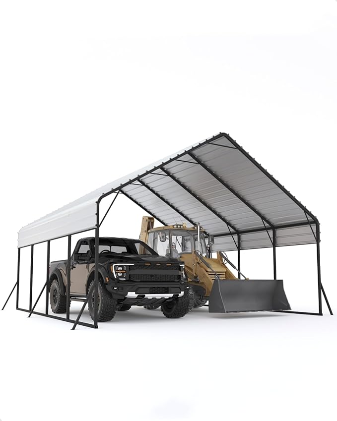 20x20 FT Metal Carport Heavy Duty Car Ports Reinforced Frame, Galvanized Steel Roof and Enhanced Base All-Weather Outdoor Oversized Shelter for Cars, Bass Boats, Full-Sized Pickup Trucks, Tractors