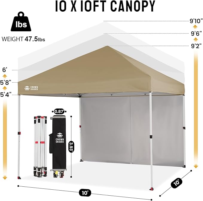 CROWN SHADES 10X10 Comercial Instant Canopy Pop Up Tent with Center Lock (10x10 with 4 Sidewalls, Beige)
