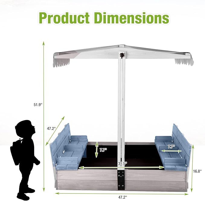 Wooden Sand Box with Cover,Sandbox with Lid Foldable Beench Seats,Sand Boxes for Backyard Garden, Beach Patio Outdoor (Sandbox-B)