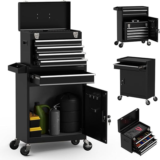 5-Drawer High Capacity Rolling Tool Box, Removable Cabinet Storage Tool Chest with Wheels and Drawers, Detachable Toolbox with Lock for Mechanics Garage Workshop and Tool Room (Black)