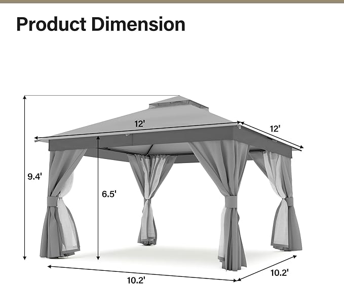 LAUSAINT HOME Semi-Permanent Patio Gazebo 12'x12' with Expansion Bolts, Outdoor Heavy Duty Party Shelter with Double Roofs, Mosquito Nettings and Sidewalls for Backyard, Garden, Lawn, Smoke Grey
