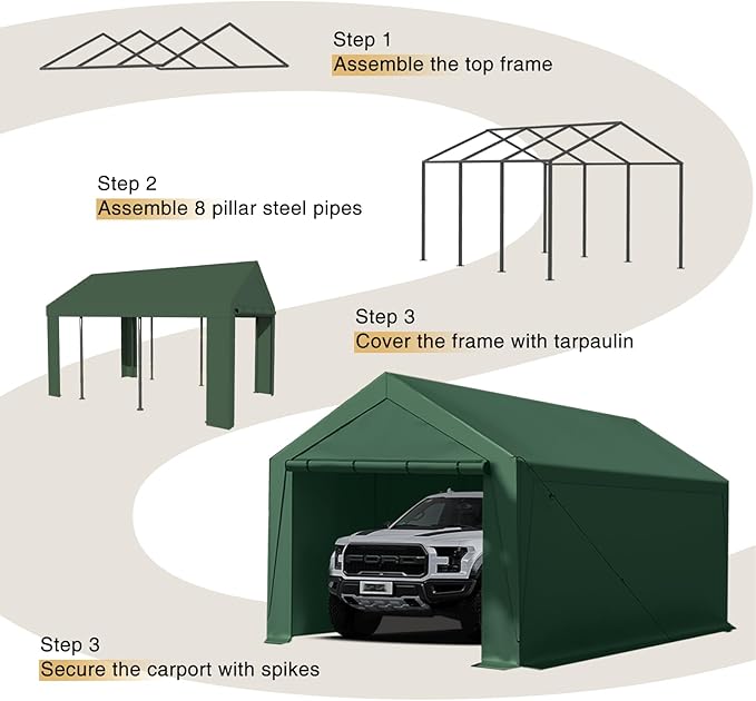 10x20 ft Heavy Duty Carport, Carports Garage with Removable Sidewalls and Reinforced Structure, Outdoor Car Canopy Tent Shelter for Vehicle and Boat (Green)