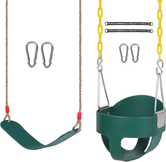 Toddler Swing Set, Heavy Duty High Back Full Bucket Swing with Belt Swing Seat Combo Pack for Swingset, Tree Straps and 4 Hooks Included, Green