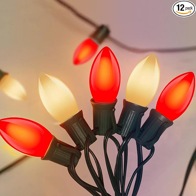 25Ft LED C9 Red and White Christmas Lights Outdoor, C9 Vintage Christmas Lights with 26 LED Red and White Bulbs, Hanging Outdoor String Lights for Patio Outside Holidays Party Xmas Roofline Wedding