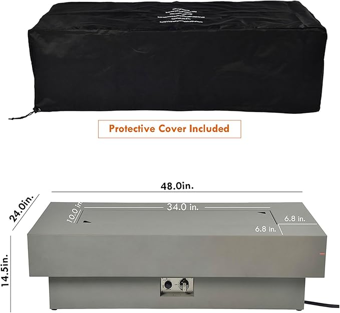 48-inch Fire Table with 20lb Propane Tank Cover, 50,000BTU Outdoor Modern Patio Fire Pit Table w/Rectangular Burner Lid, Glass Rocks, Pre-Attached 10ft External Gas Hose