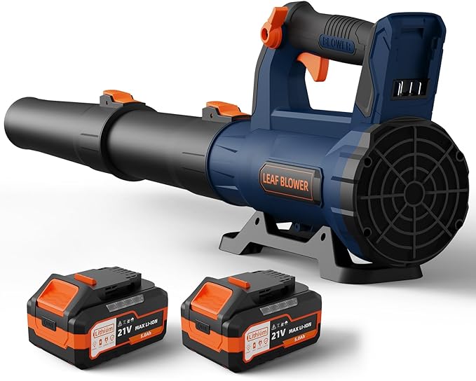 Leaf Blower Cordless with 2¡¿ 5.0Ah Batteries and Charger, 21V Electric, Lightweight Battery Powered Blowers for Lawn Care, Yard, Patio Cleaning, Blowing Leaves & Dust, Dark Blue