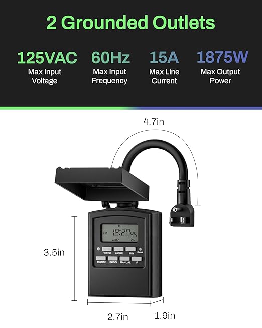 BN-LINK 7 Day Outdoor Heavy Duty Digital Programmable Timer, Outdoor Timer Outlet Waterproof, 2 Grounded Electrical Outlets for Christmas Lights, ETL Listed（2 Pack）