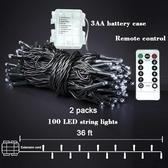 Warm White String Lights Indoor, 2 Pack 36ft 100LED Christmas String Lights with Remote and Timer, Twinkle Christmas Tree Decor Lights Dimmable Waterproof, Xmas Lights Indoor/Outdoor
