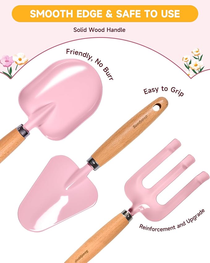 Kids Gardening Tool Set Toys - 8 Pieces Quality Garden Kit for Toddlers & Kids with Shovels, Rake, Watering Can, Hat, Apron, Gloves & Storage Bag（Pink）