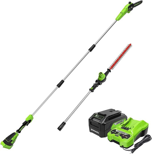 Greenworks 24V Brushless 10 Cordless Polesaw + Pole Hedge Trimmer Combo (Great For Pruning and Trimming Branches / Shrubs), 4.0Ah Battery and Charger Included