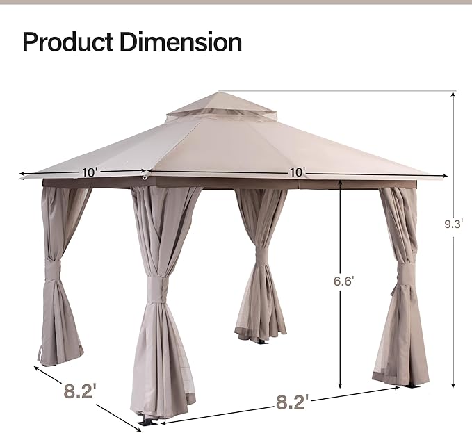 LAUSAINT HOME Semi-Permanent Patio Gazebo 10'x10' with Expansion Bolts, Outdoor Heavy Duty Party Shelter with Double Roofs, Mosquito Nettings and Privacy Screens for Backyard, Garden, Lawn, Khaki