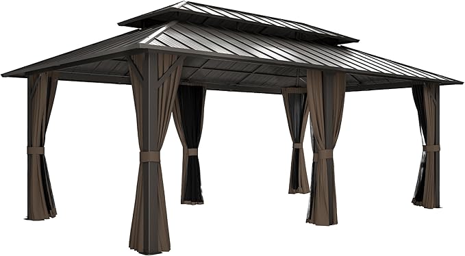 12' x 20' Hardtop Gazebo, Aluminum Frame Gazebo with Double Galvanized Steel Roof, Outdoor Permanent Pavilion with Netting & Curtains for Backyard, Garden, or Deck, Brown