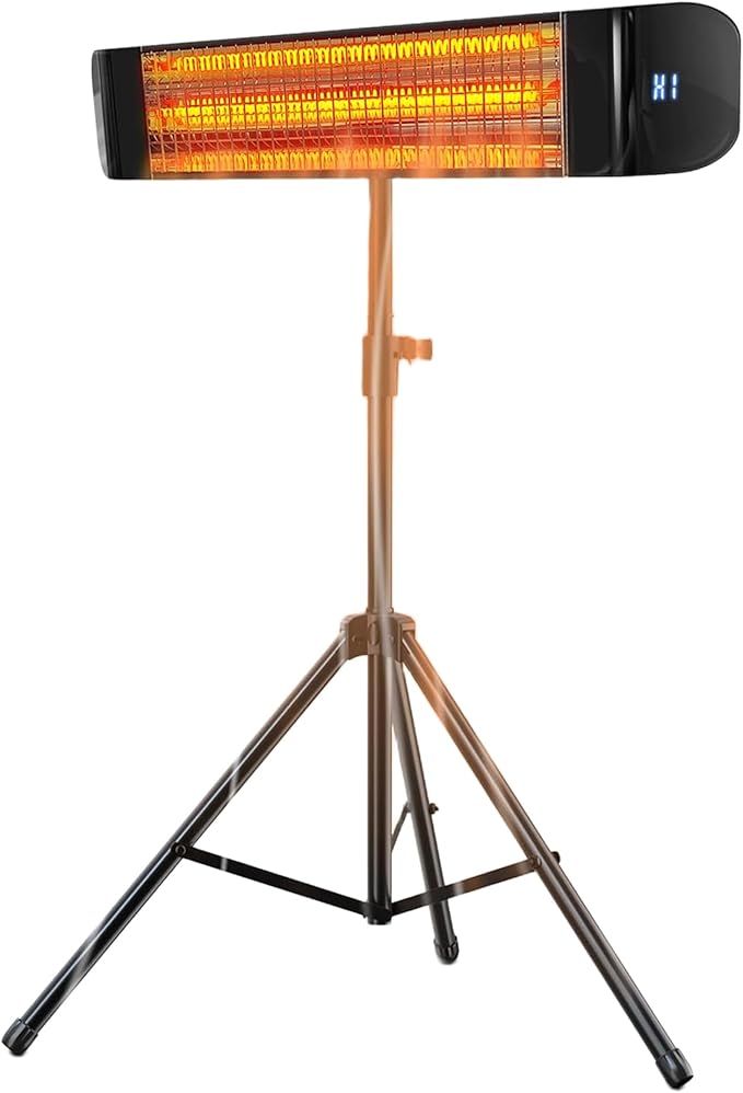 Electric Outdoor Patio Heater with Tripod, 1500W Infrared Heater Remote, 12H Timer, IPX6 Waterproof, 3 Heat Levels, Portable Electric Space Heater for Garage Backyard Indoor Use