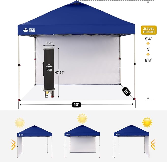 CROWN SHADES 10x10 Pop Up Canopy with 1 Side Wall - Beach Tent with One Push Setup - Outdoor Sun Shade for Events, Parties, Camping - Gazebo with STO-N-Go Cover Bag (Navy Blue)