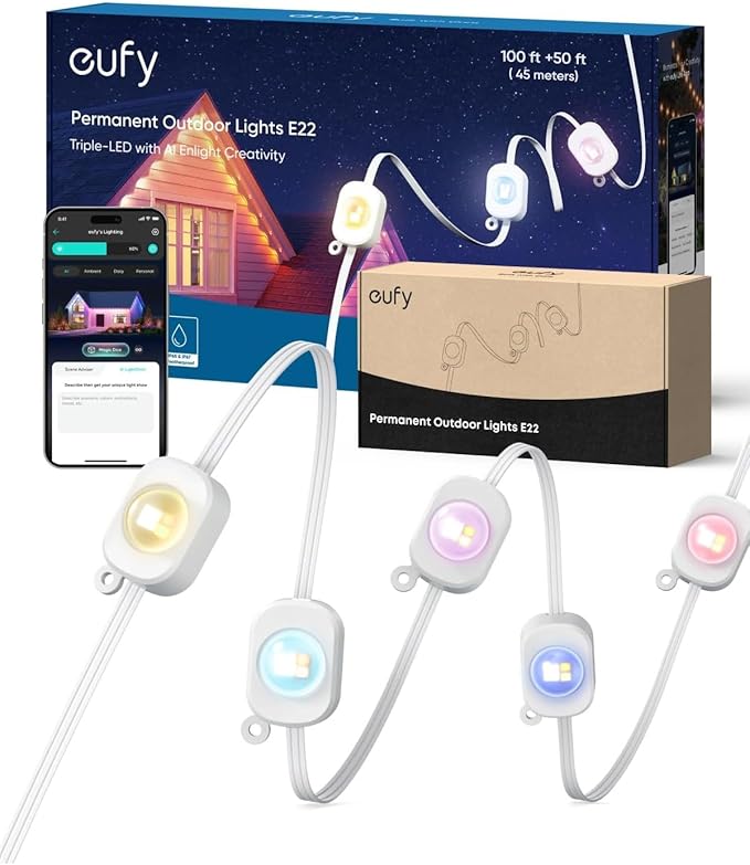 eufy Permanent Outdoor Lights E22, 150ft with 90 Triple-LED Lights, Smart RGBWW, Daily and Holiday, Up to IP67 Waterproof, AI Lighting Themes for Halloween, Christmas, Links with Cameras, White
