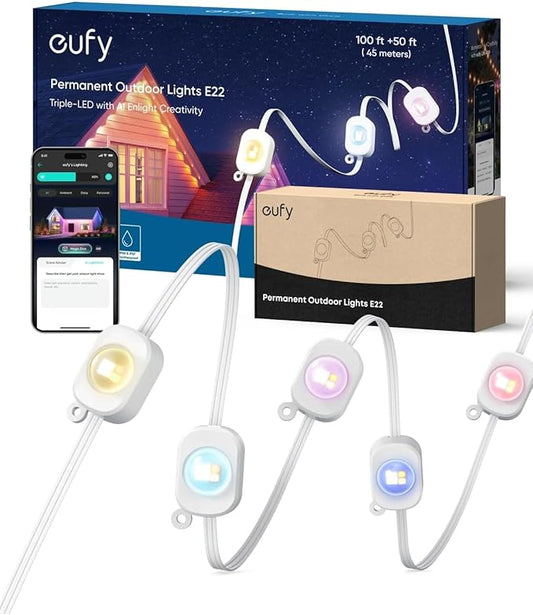 eufy Permanent Outdoor Lights E22, 150ft with 90 Triple-LED Lights, Smart RGBWW, Daily and Holiday, Up to IP67 Waterproof, AI Lighting Themes for Halloween, Christmas, Links with Cameras, White