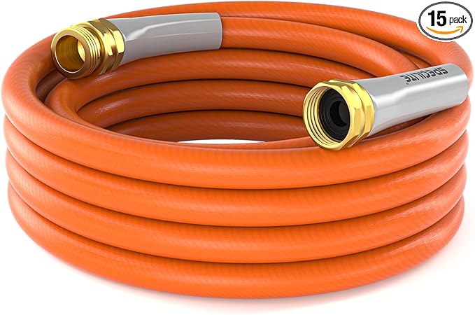 SPECILITE Garden Water Hose 15 ft x 5/8 in, Heavy Duty Leader Pipe Extension, Flexible, Lightweight Kink-less,Hybrid Rubber, with 3/4 Brass Fittings, Orange