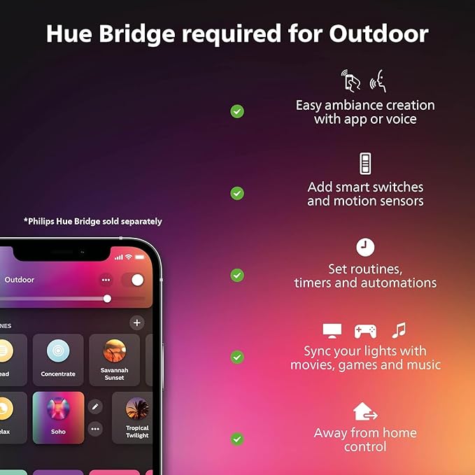 Philips Hue Festavia 150ft Permanent Outdoor String Lights, 80 Dimmable Lights, 55 Lumens Each, Weatherproof, Water-Resistant, Black Wire, Color Ambience, Bridge Required