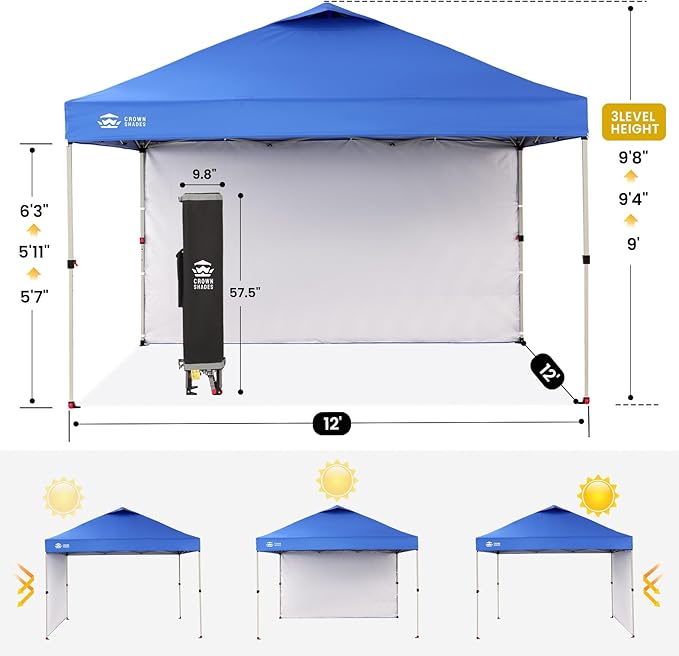 CROWN SHADES 12x12 Pop Up Canopy Tent Instant Commercial with 150D Silver Coated Fabric Including 1 Removable Sidewall, 4 Ropes, 8 Stakes, Weight Bags, STO 'N Go Bag, Blue