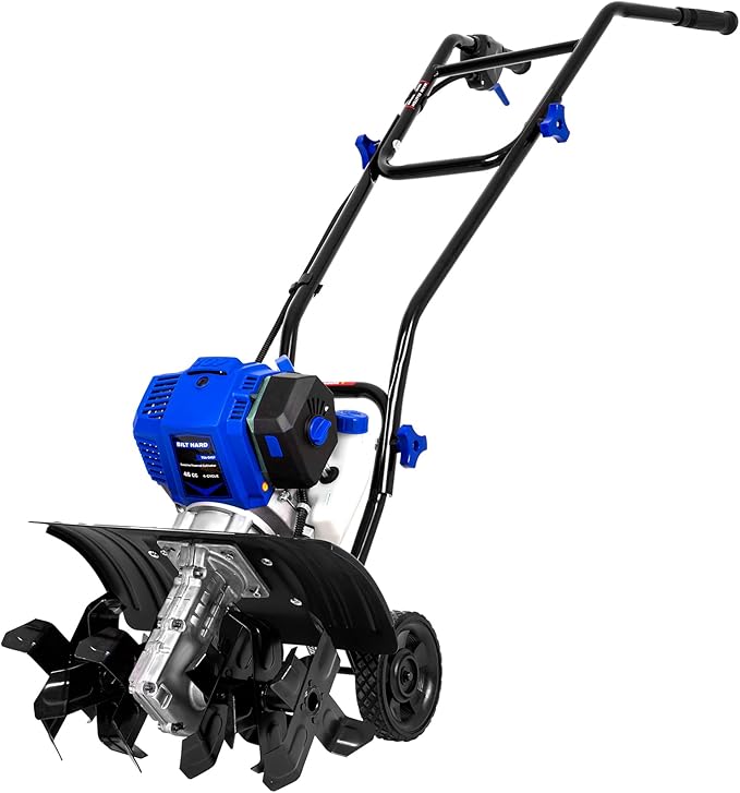 BILT HARD 46cc 4-Cycle 1.9HP Gas Powered Tiller Cultivator - 16 Heavy-Duty Steel Tines Rototiller, Adjustable Wheels & Cushioned Handle Grips for Plowing, Tilling, Weeding in Garden, Farm