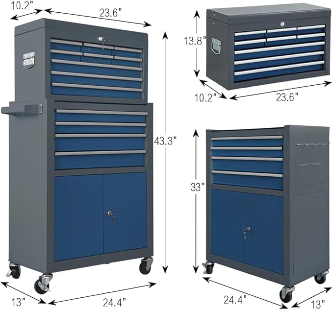 13 Drawers Tool Chest with Wheels, Rolling Tool Box with Drawers, Metal Tool Cabinet for Garage, Workshop(Blue-Gray)