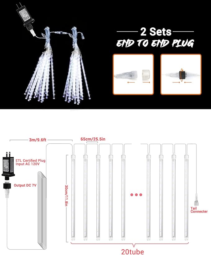 Flacchi Cool White 20 Tubes Meteor Shower Icicle Lights 480 LED Raindrop Lights with Timer Function Cascading Falling Rain Light for Holiday Party Christmas Decorations