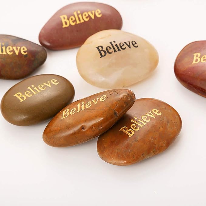 ROCKIMPACT 50PCS Believe Believe Stone Engraved Rocks Inspirational Gifts Prayer Stones Zen Chakra Gratitude Rocks Palm Pocket Motivation Encouragement Rocks Wholesale Believe Rock, 2"-3" Each